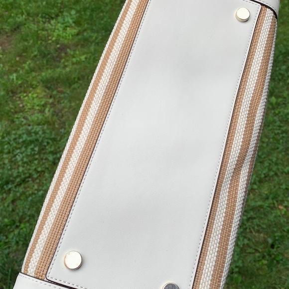 Authentic KATE SPADE Leather/stripe thick canvas zip top closure tote with charm - Picture 4 of 12